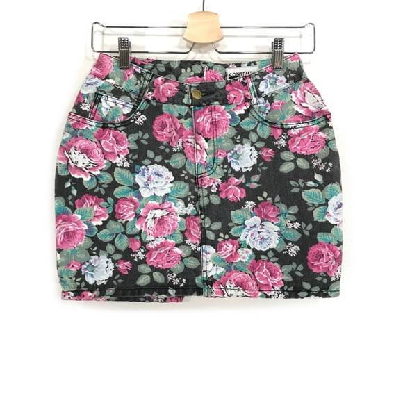 Vintage Dresses & Skirts - Paris Blues Vintage Black Denim Floral Mini Skirt